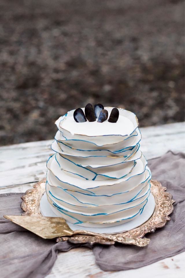 White With Blue Lines Wedding Cake — Beverly, MA — Flour(ish) Bake Shoppe