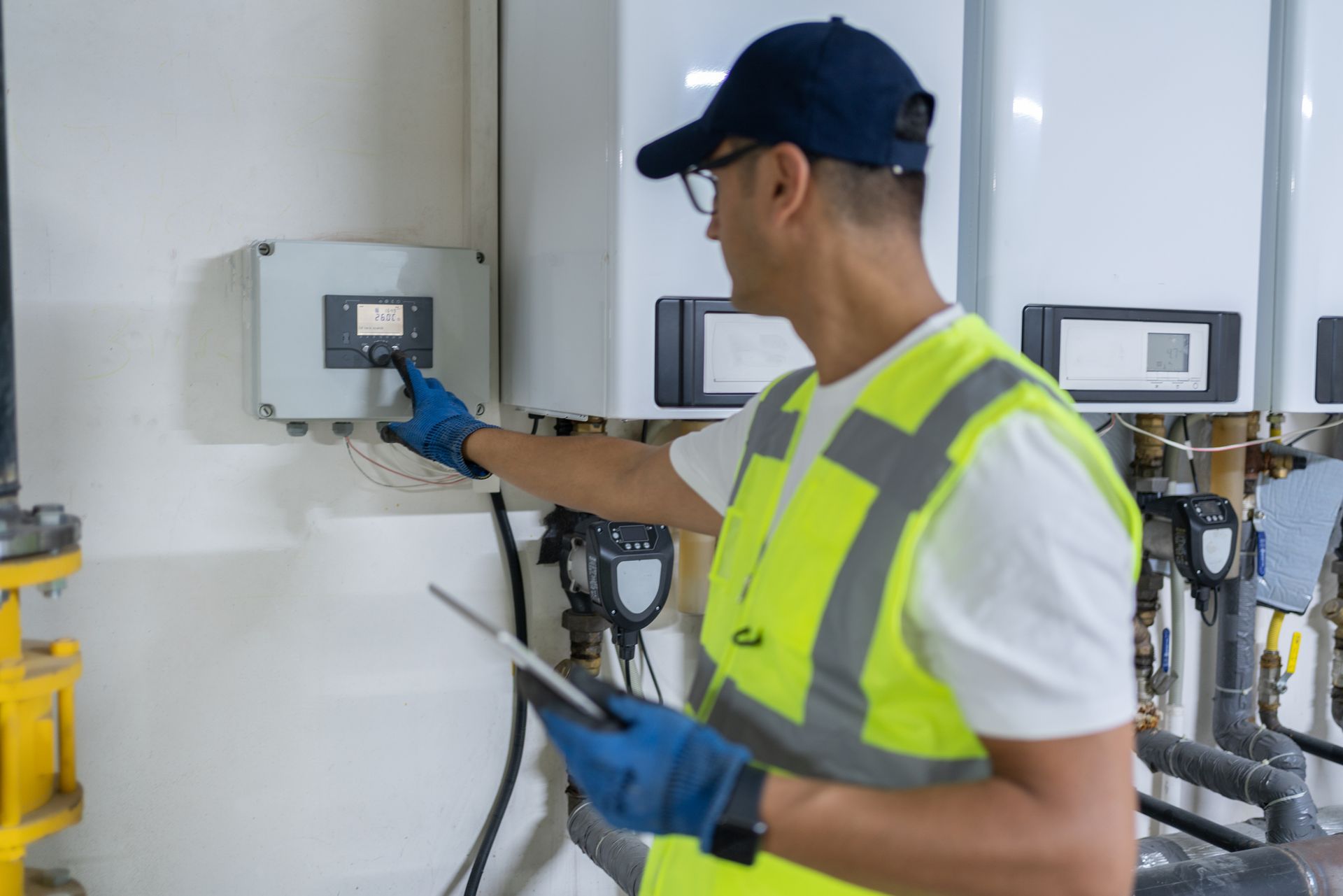 A male engineer checks on the boiler system inside a basement.