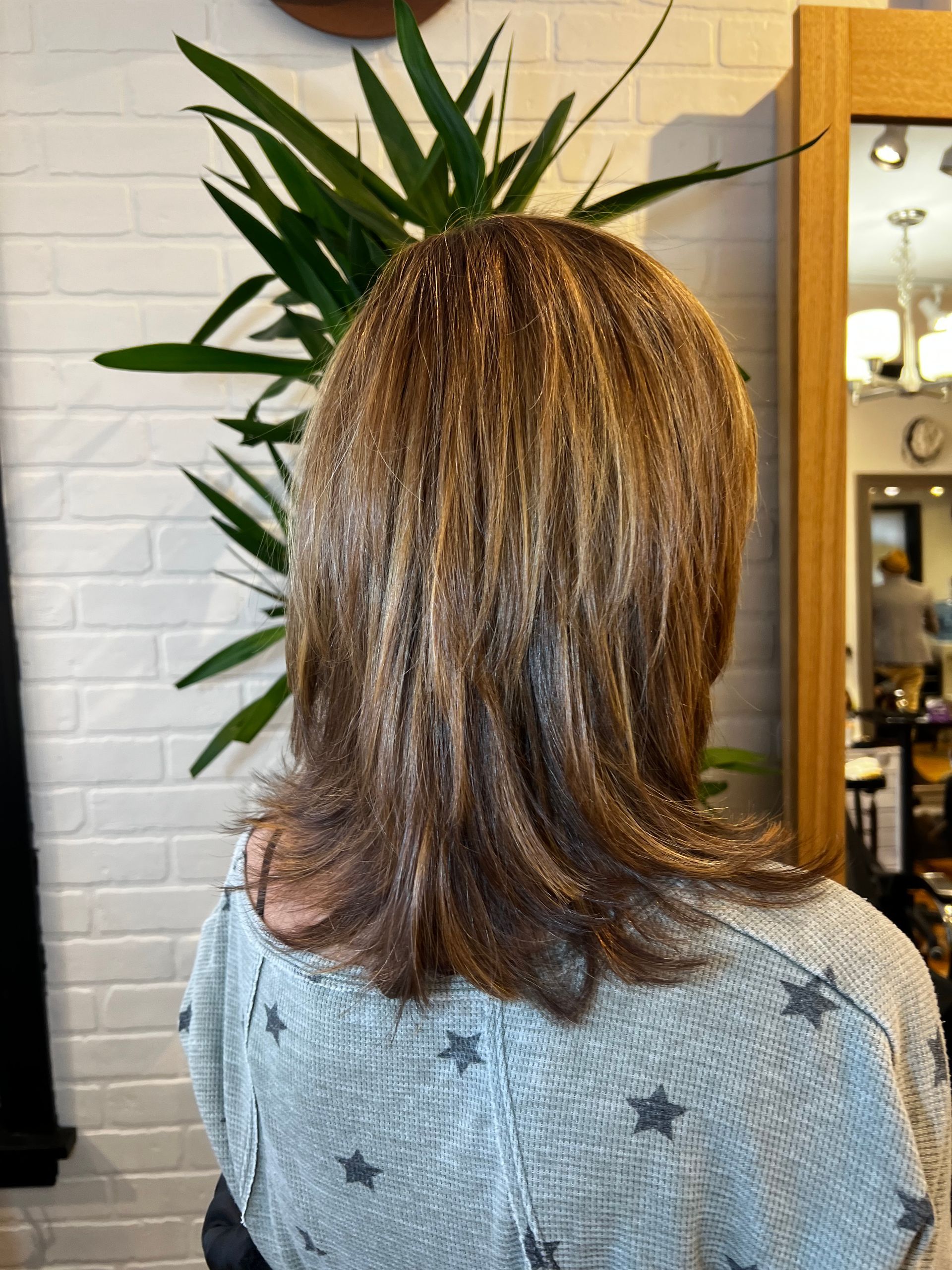A woman with long brown hair is sitting in front of a mirror.