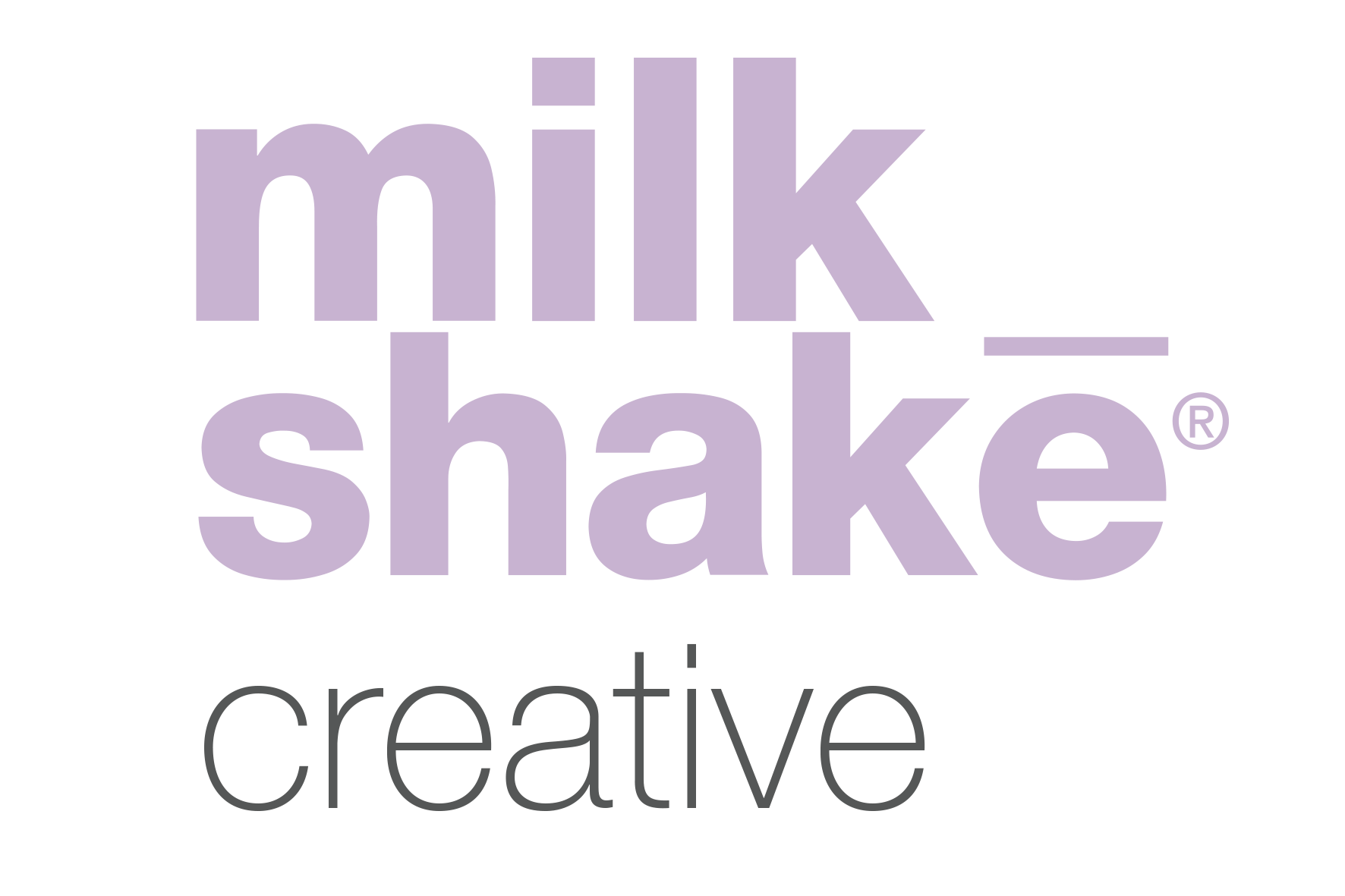 The logo for milk shake creative is purple and white.
