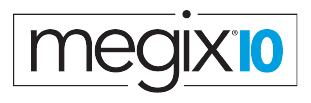 The logo for megix10 is black and blue on a white background.