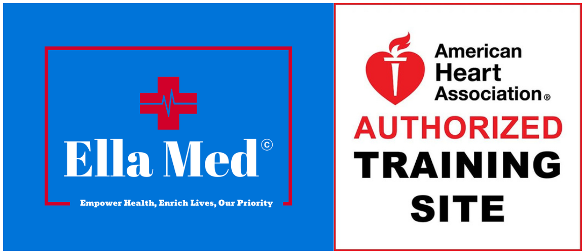 Ella Med logo beside American Heart Association Authorized Training Site badge on blue and white background