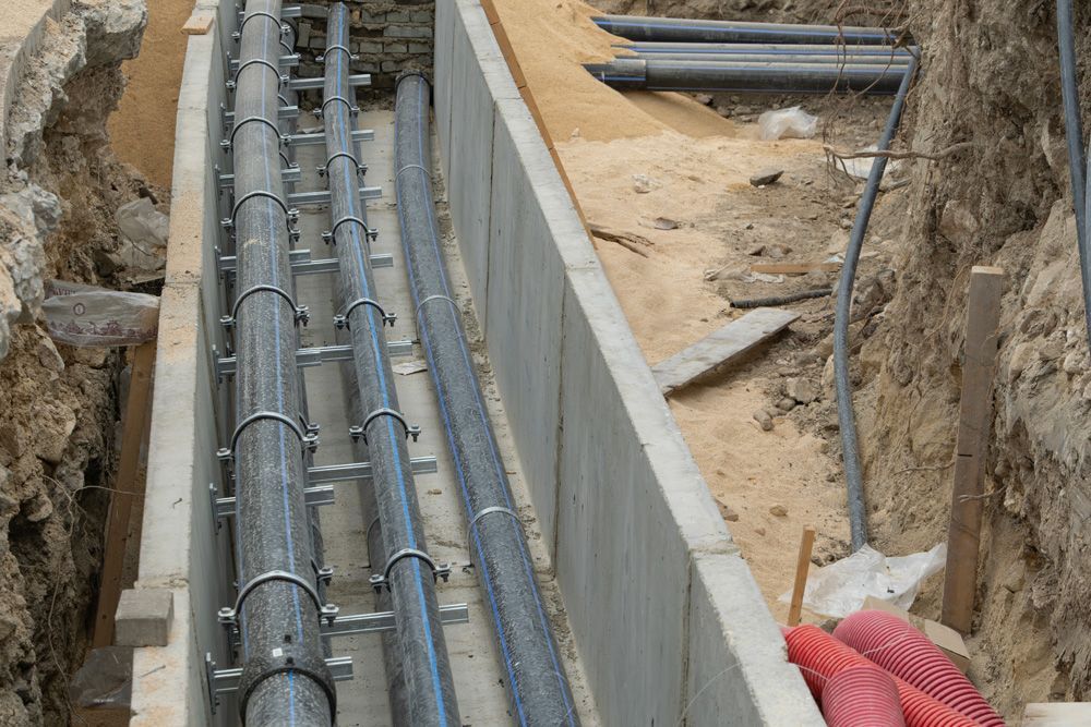 A bunch of pipes are being installed in a trench