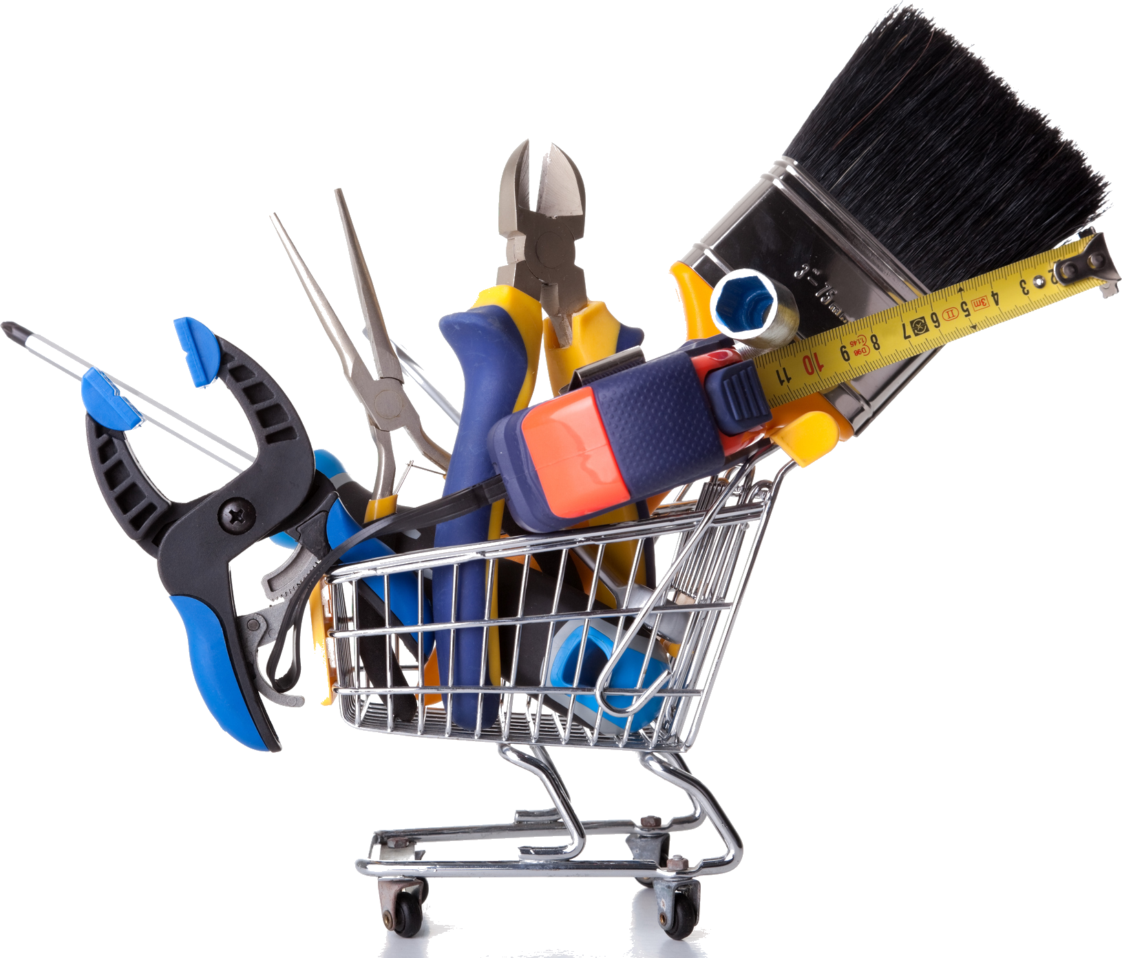 Attrezzi in un carrello della spesa in miniatura: pinze, morsetto, metro a nastro, pennello.