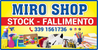 Insegna per Miro Shop, striscione giallo e rosso con numero di telefono e varie immagini di repertorio.