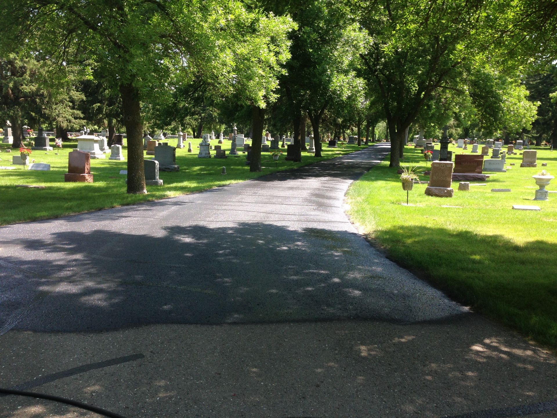 A graveyard with lots of graves and trees