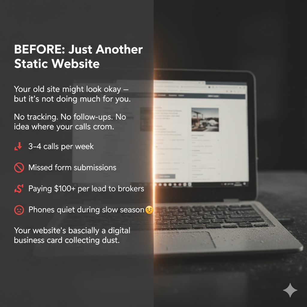Half-lit laptop screen, text lists issues of static website: low calls, missed submissions, and quiet phones.