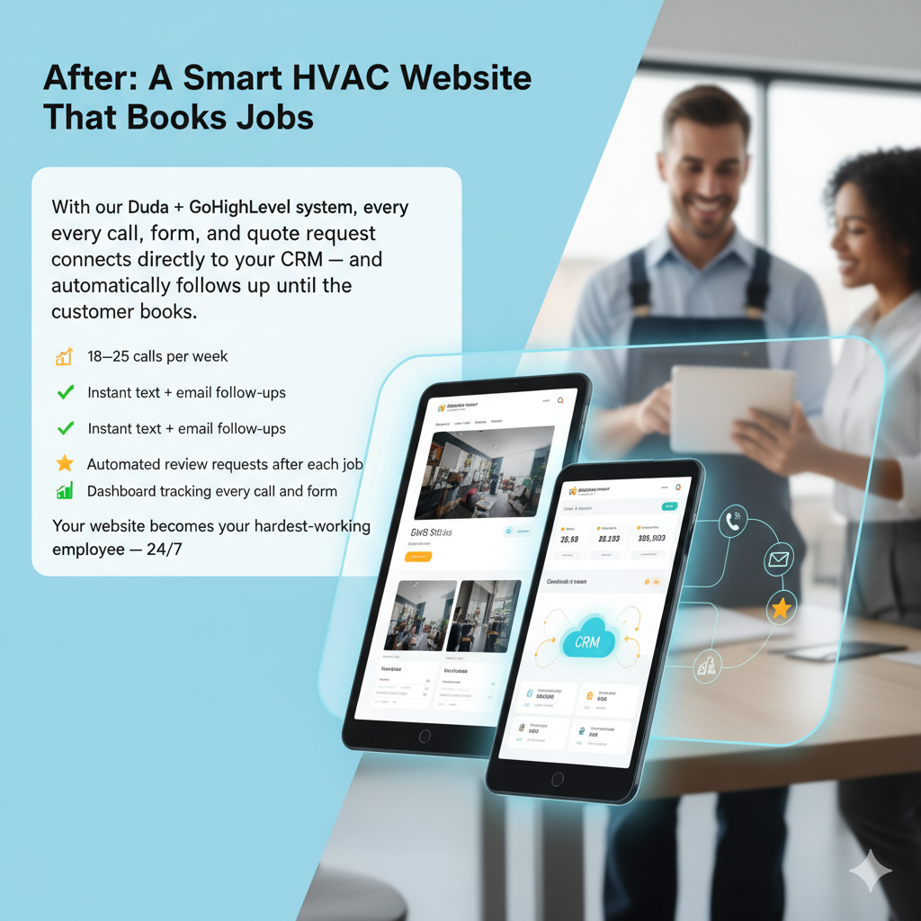 HVAC website advertisement: Two people smiling, looking at tablets, a CRM with automated booking.