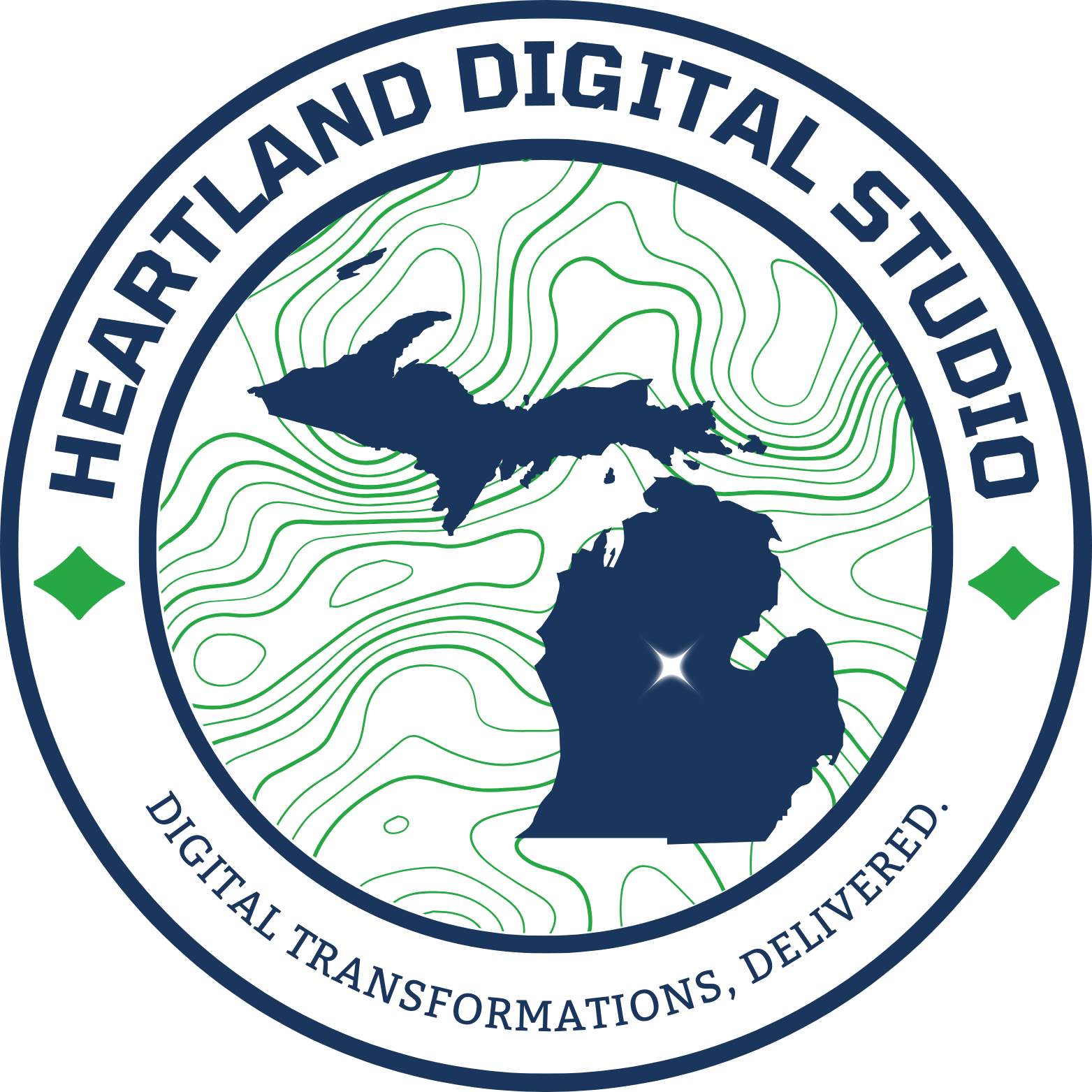 Logo for Heartland Digital Studio, featuring a blue outline of Michigan with green topographic lines.