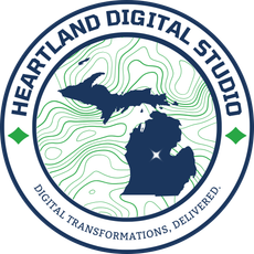 Logo for Heartland Digital Studio, featuring a blue outline of Michigan with green topographic lines.