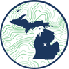 Map of Michigan, dark blue silhouette with green topographic lines inside a blue circle.
