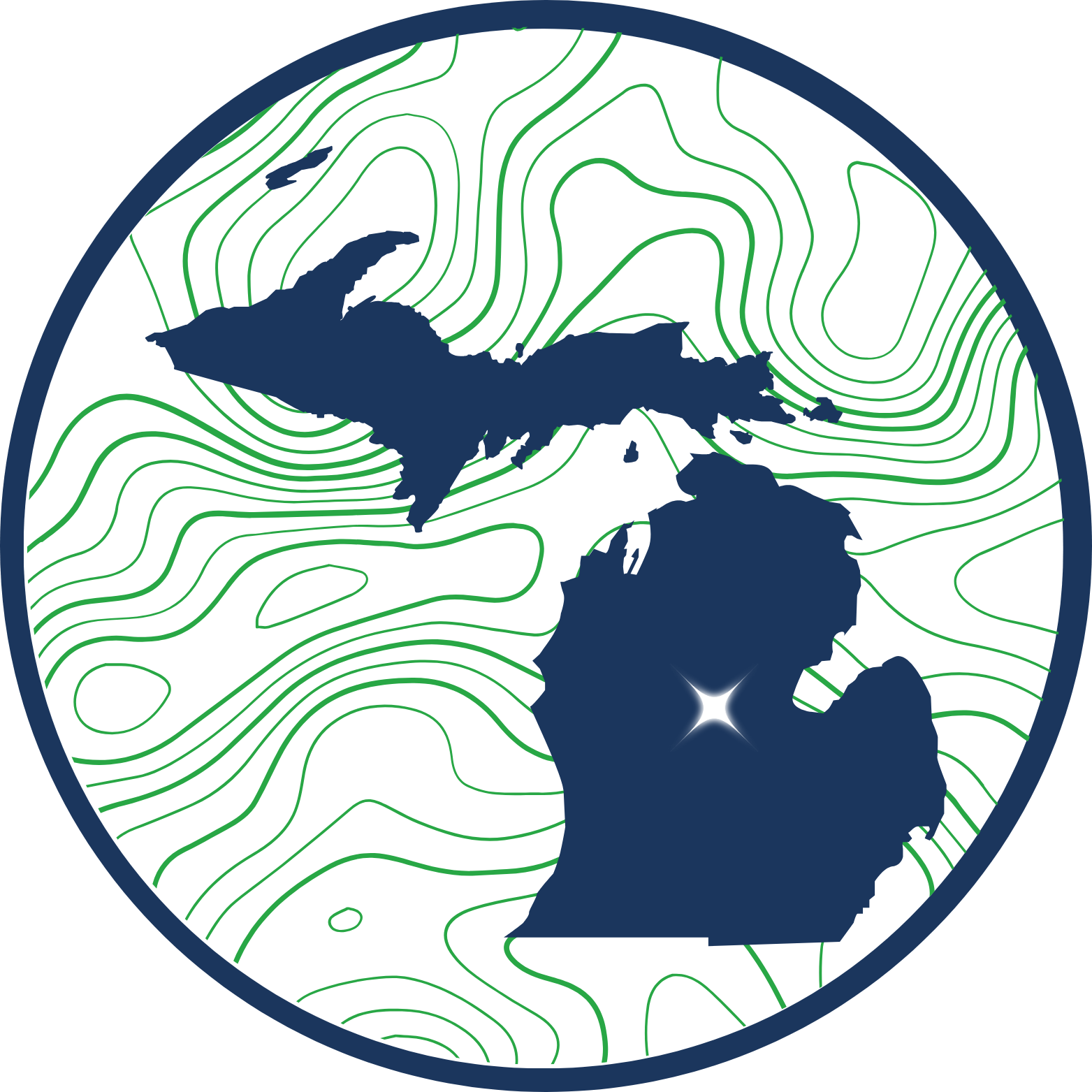 Map of Michigan, dark blue silhouette with green topographic lines inside a blue circle.