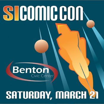 SI Comic Con at Benton Civic Center, Saturday, March 21: Orange rocket and orbs on teal background.