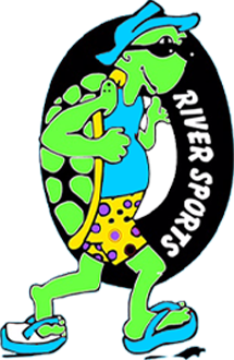 A green turtle is holding a hose in front of a river sports logo