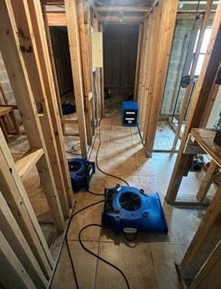 Interior view: blue air movers drying a hallway with exposed wooden framing after water damage.