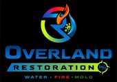 Overland Restoration logo: blue text on black background with a stylized flame and water drop design.