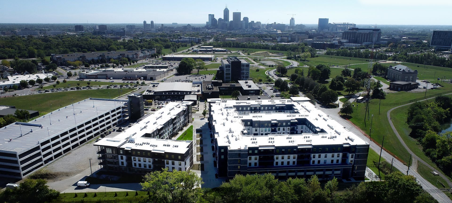 Aerial view of Vanguard at 16 Tech and Indianapolis skyline in the background.