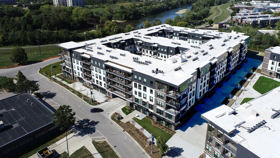 Aerial view of Vanguard at 16 Tech and Indianapolis skyline in the background.