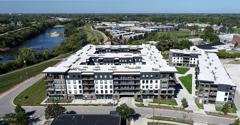 Aerial view of Vanguard at 16 Tech and Indianapolis skyline in the background.