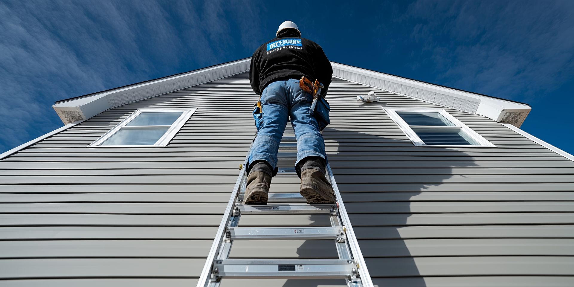 A man is standing on a ladder on the side of a house.