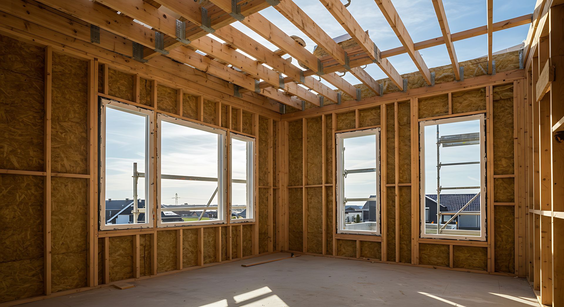 A room in a house under construction with wooden beams and windows.