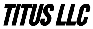 A black and white logo for the company titus llc