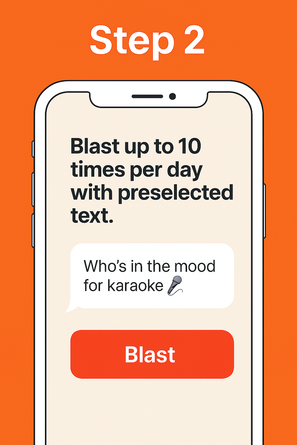 A cell phone with a screen that says `` blast up to 10 times per day with pre selected text . ''