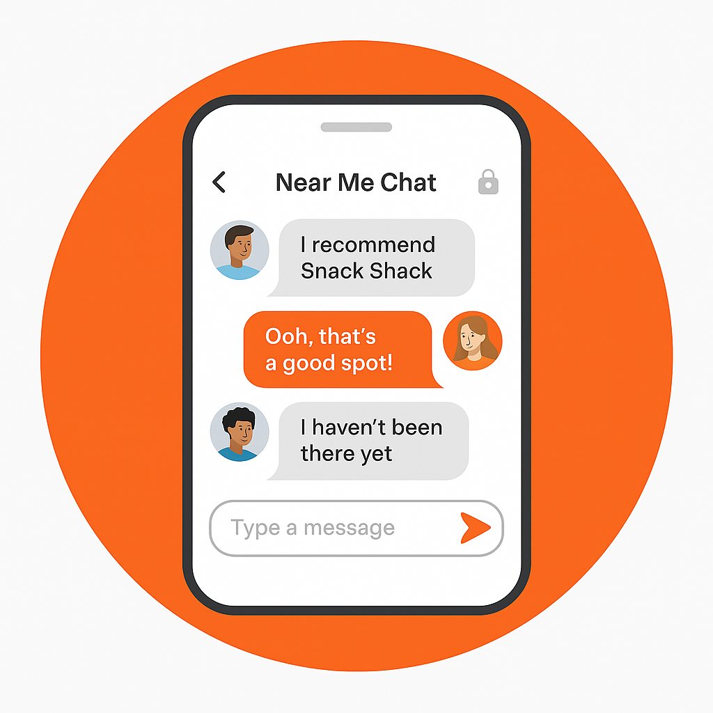 A cell phone with a near me chat app on it.