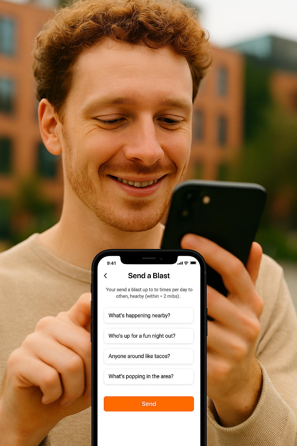Local Blast user looking at smart phone happy smiling Local Blast user looking at smart phone happy smiling