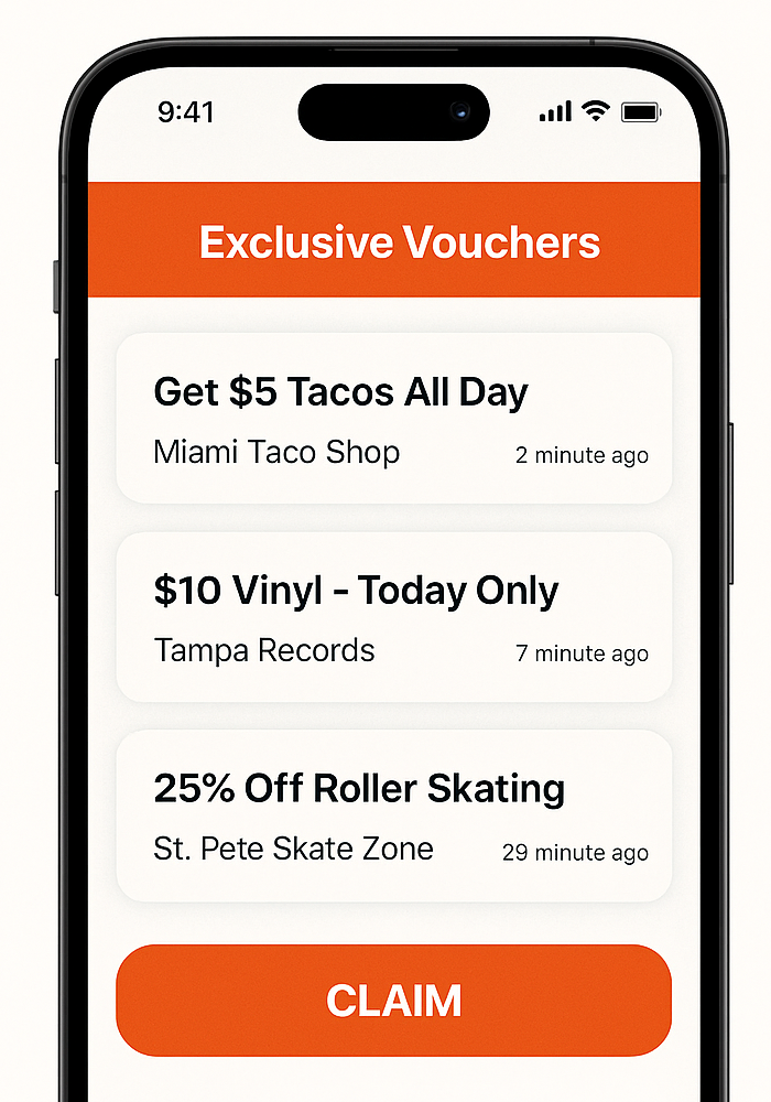 A cell phone with a screen that says `` scroll through exclusive vouchers ''.