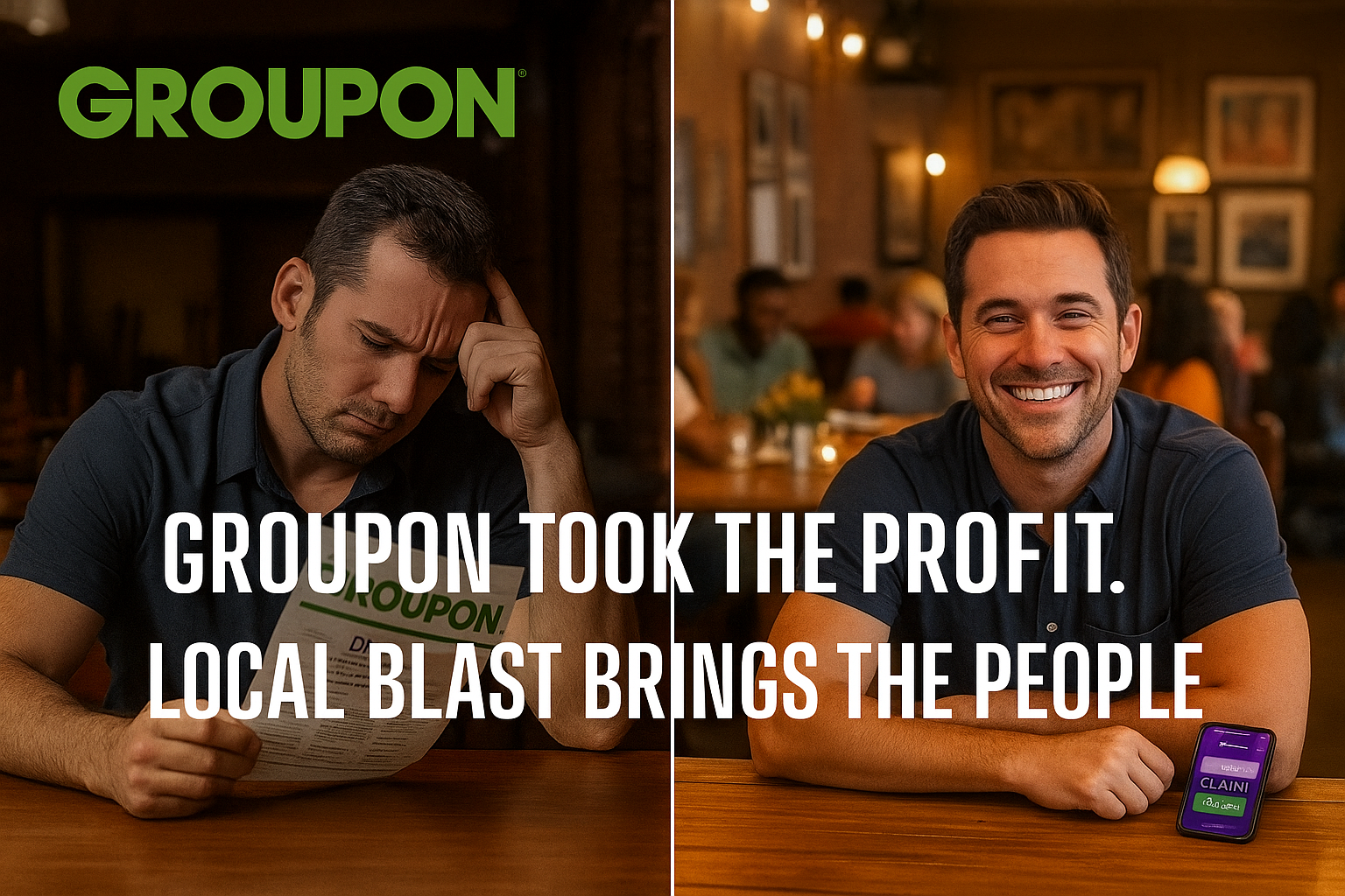 See how Local Blast outperforms Groupon for local restaurants. A split-screen promotional image showing two contrasting scenes of a restaurant owner. On the left, the owner looks stressed while holding a Groupon report in a dimly lit, empty restaurant. The Groupon logo is prominently displayed above. On the right, the same owner smiles in a bustling, warmly lit dining room with happy customers in the background and the Local Blast app open on a phone resting on the counter. Centered overlay text reads: “Groupon Took the Profit. Local Blast Brings the People.