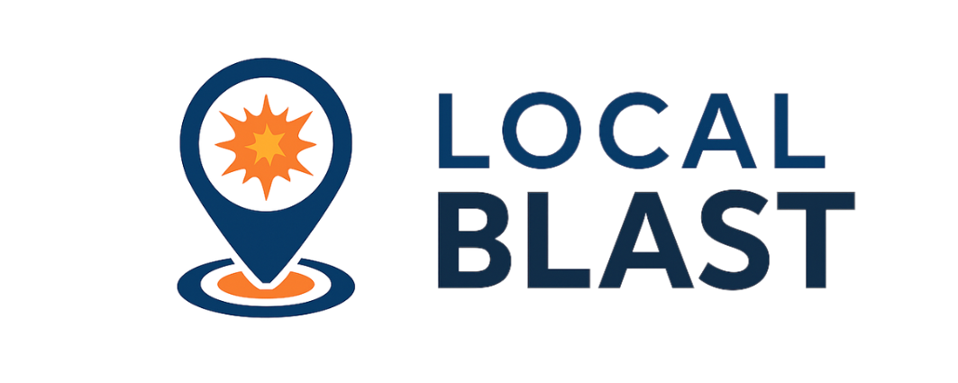 A logo for local blast with a map pin and a blast icon.