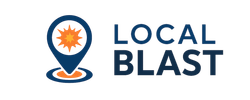 A logo for local blast with a map pin and a blast icon.