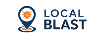 A logo for local blast with a map pin and a blast icon.