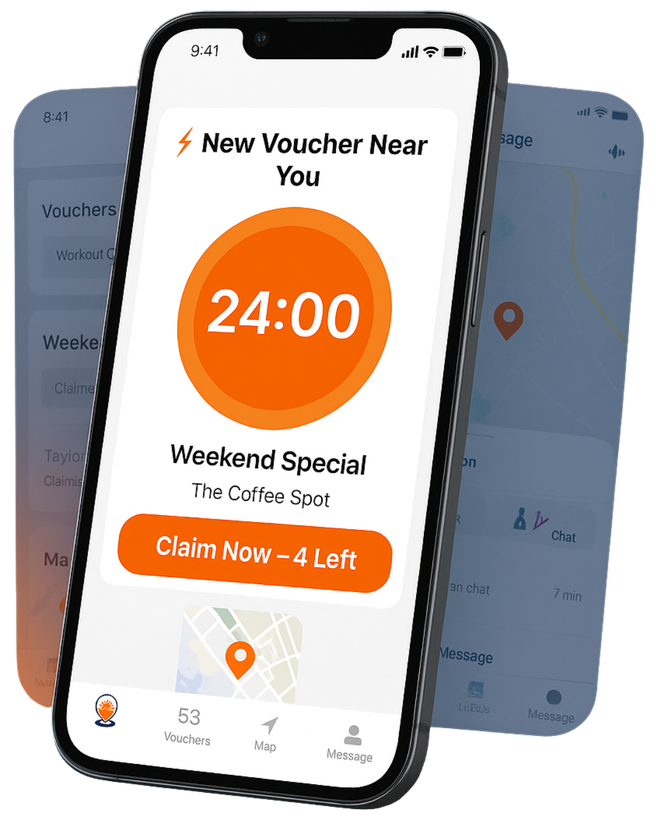 See real-time deals near you with the Local Blast app — claim vouchers instantly and save big Mobile phone showing real-time local voucher on the Local Blast app for a coffee shop deal in Tampa Bay