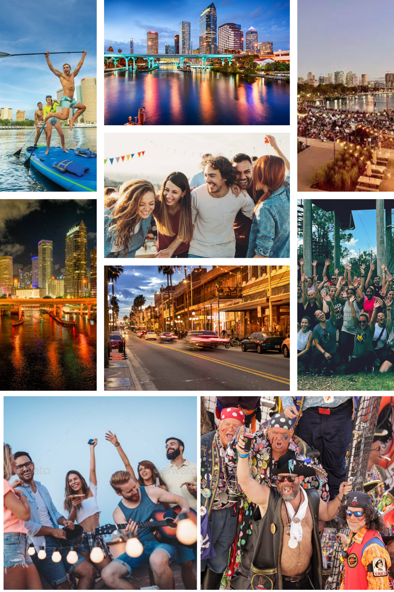 A collage of pictures of people and places in a city.