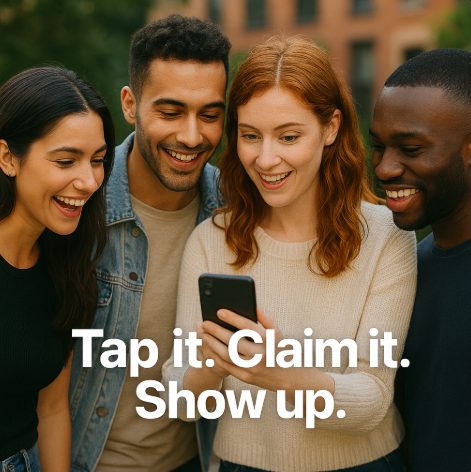 A group of people looking at a cell phone with the caption tap it claim it show up
