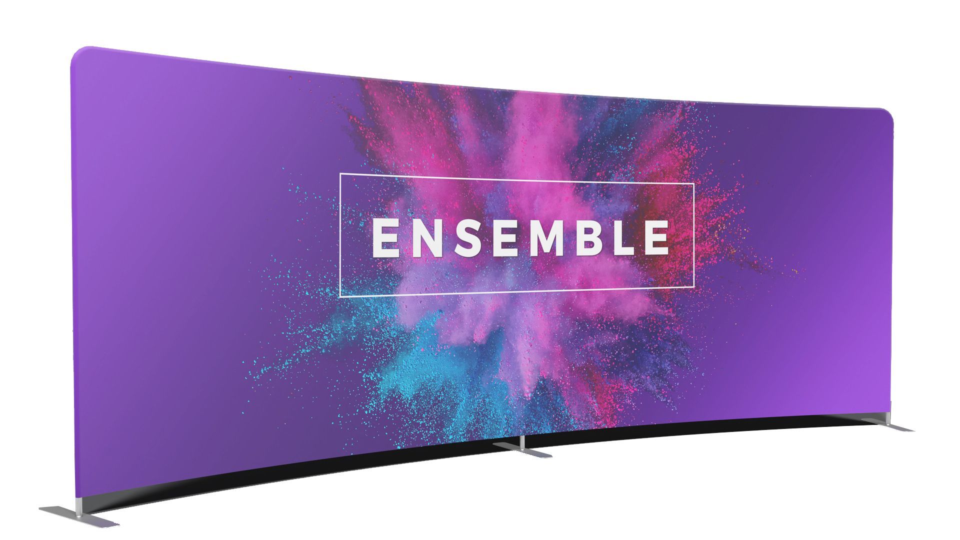 A curved banner with a purple background and the word ensemble on it.