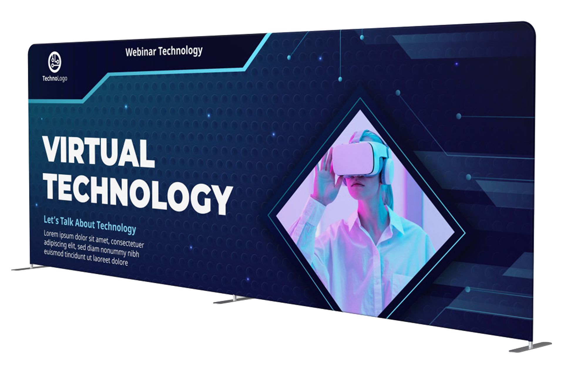 A banner with a picture of a man wearing a virtual reality headset.