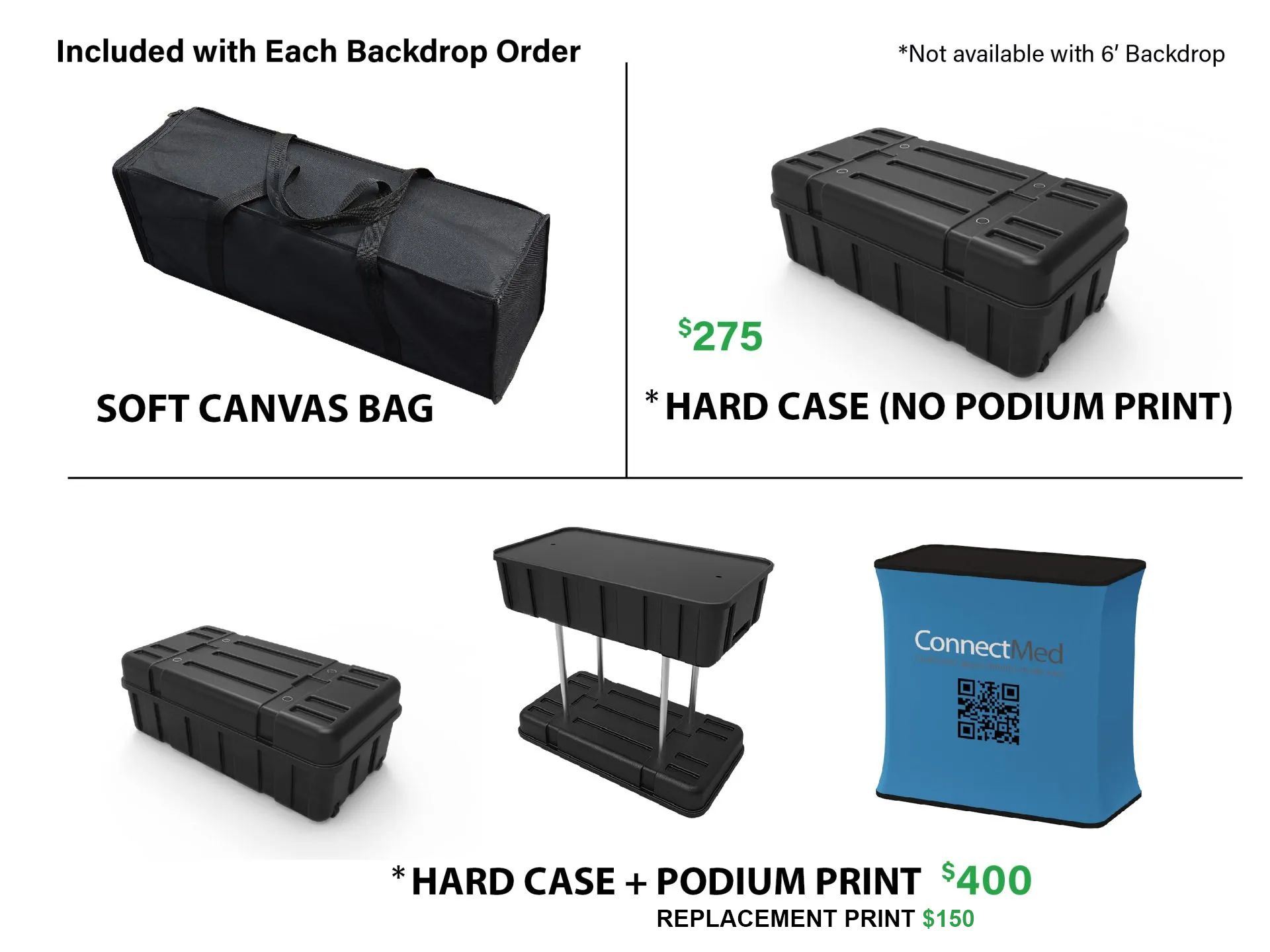 A soft canvas bag hard case and podium print are included with each backdrop order