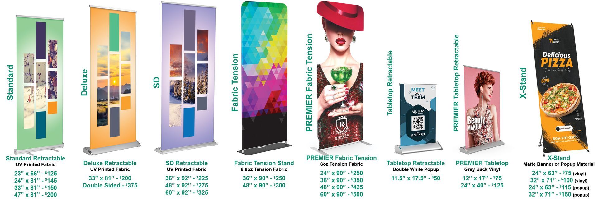 A bunch of different types of banners are lined up in a row