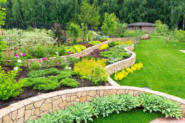 Terraced garden with stone retaining walls, colorful flowers, and lush green plants beside a lawn
