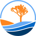 Blue and orange circular logo with a stylized tree over layered waves and hills
