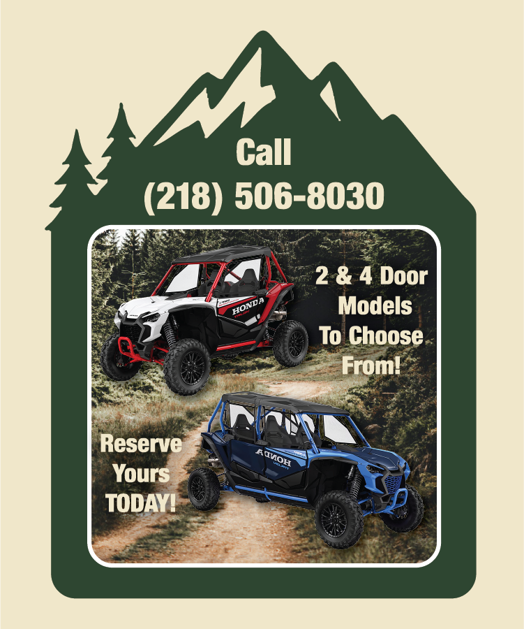 An image of a red two-door and a blue four-door premium Honda Talon Sport UTVs with a mountain and pine tree background.