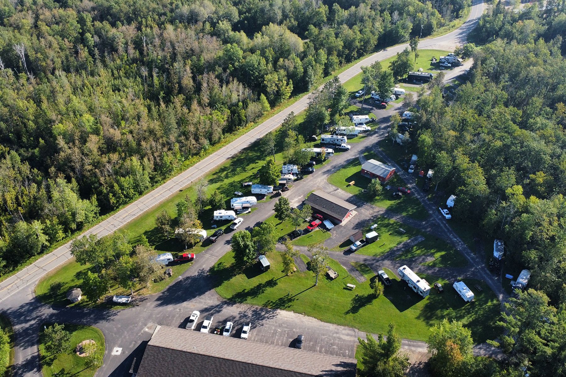 An Aerial View of Trails Inn Campground and RV Park in Hill City, MN.