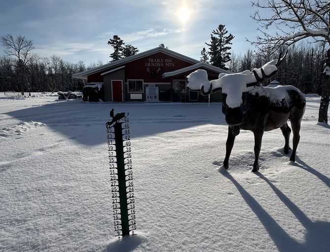 An image of the snow ruler during Winter at the Trails Inn Quadna Mountain Motel.