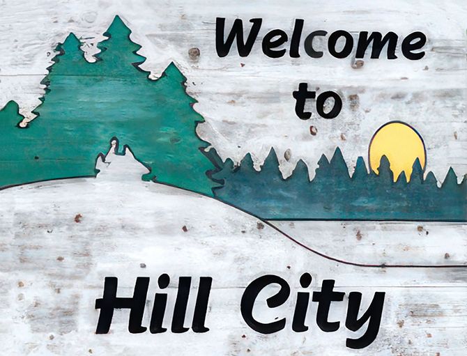 An image of the Welcome to Hill City, MN sign.