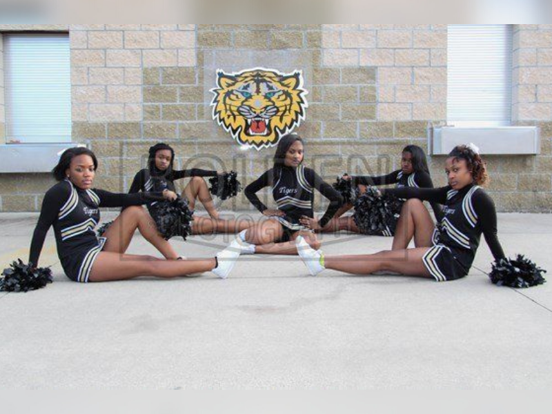 a group of cheerleaders are posing for a picture in front of a tiger logo