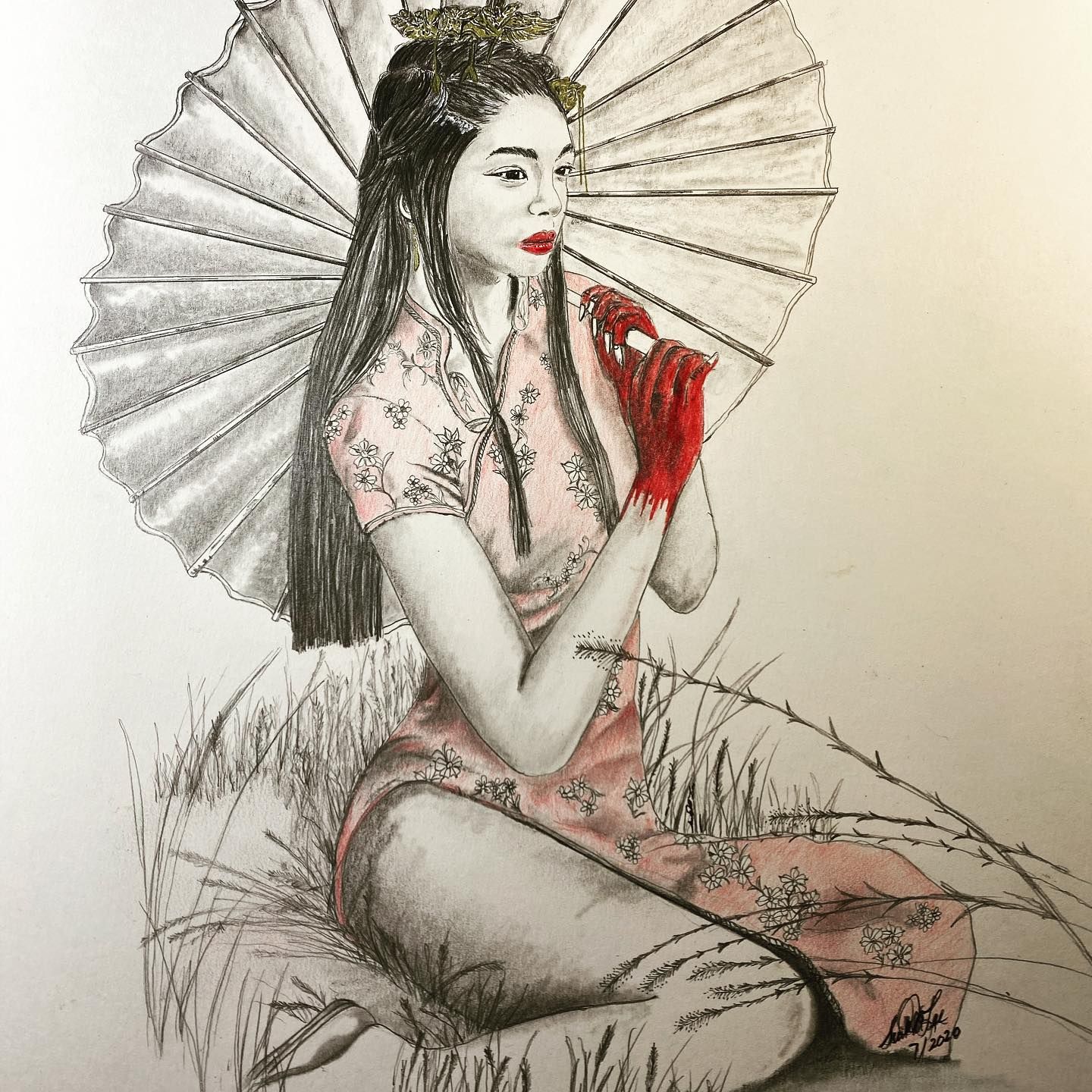 Woman in a pink dress, holding a bloodied object, seated with an umbrella and grass background.