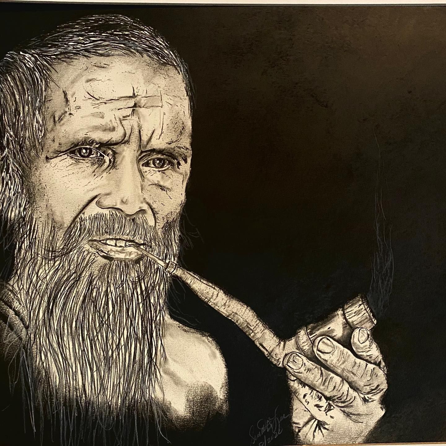 Elderly person with a beard smoking a pipe, dark background.